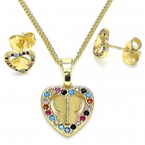 Gold Filled Earring and Pendant Set Heart and Butterfly Design With Multicolor Micro Pave Polished Finish Golden Tone