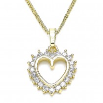 Gold Finish Pendant Necklace Heart Design with White Cubic Zirconia Polished Golden Tone