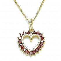 Gold Pendant Necklace Heart Design With Garnet Cubic Zirconia Polished Finish Golden Tone