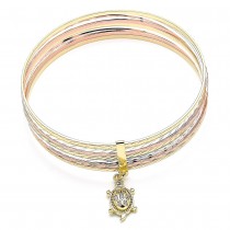 Gold Filled Semanario Bangle Turtle Design With White Cubic Zirconia Diamond Cutting Finish Tri Tone (02 MM Thickness, Size 6 - 2.75 Diameter)