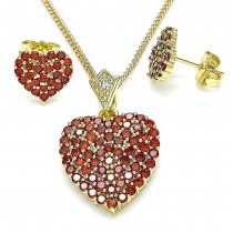 Gold Filled Earring and Pendant Set Heart Design With Garnet Cubic Zirconia Polished Finish Golden Tone