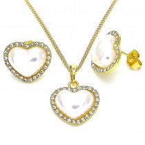 Gold Filled Earrings and Pendant Set Heart Design with White Crystal and Ivory Pearl Polished Golden Tone