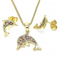 Gold Finish Earring and Pendant Set Dolphin Design with Multicolor Micro Pave Polished Golden Tone
