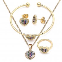 Gold Filled Earring and Pendant Children Set Heart Design With Multicolor Micro Pave Polished Finish Golden Tone