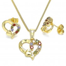 Gold Filled Earring and Pendant Set Heart Design With Multicolor Cubic Zirconia Polished Finish Golden Tone