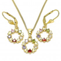 Gold Filled Earring and Pendant Heart Design With Multicolor Cubic Zirconia Polished Finish Golden Tone
