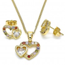 Gold Filled Earring and Pendant Adult Set Heart Design With Multicolor Cubic Zirconia Polished Finish Golden Tone