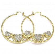 Gold Filled 50mm Large Hoop Earrings Heart Design With White Crystal Diamond Cutting Finish Gold Tone