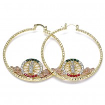 Gold Filled 50mm Large Hoop Earrings San Judas and Flower Design With White Crystal Diamond Cutting Finish Golden Tone