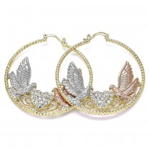 Gold Filled 50mm Large Hoop Earrings Bird and Heart Design With White Crystal Diamond Cutting Finish Tri Tone