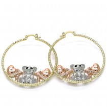 Gold Filled 50mm Large Hoop Earrings Teddy Bear and Heart Design With White and Black Crystal Diamond Cutting Finish Tri Tone