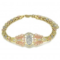Gold Filled Fancy Bracelet Guadalupe and Flower Design Polished Finish Tri Tone