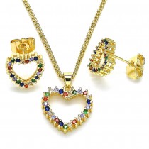 Gold Filled Earring and Pendant Set Heart Design With Multicolor Micro Pave Polished Finish Golden Tone