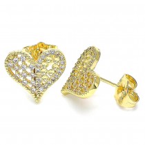 Gold Filled Heart Design Stud Earrings With White Micro Pave Polished Finish Golden Tone
