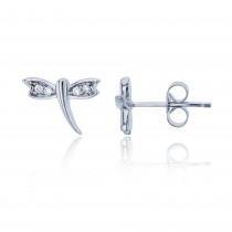 925 Sterling Silver Rhodium Pave Round CZ Dragonfly Stud Earring