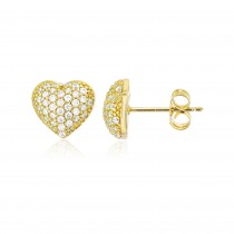 925 Sterling Silver Yellow Gold Plated Mocropave Puff Heart Stud Earring