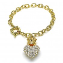 Gold Filled Charm Bracelet Heart and Crown Design With White Crystal Polished Finish Golden Tone
