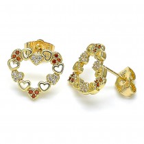 Gold Filled Heart Design Stud Earrings With Garnet and White Micro Pave Polished Finish Golden Tone