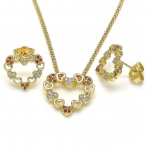 Gold Filled Earring and Pendant Set Heart Design With Garnet and White Micro Pave Polished Finish Golden Tone