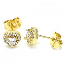 Gold Filled Stud Earrings Heart Design with White Cubic Zirconia and White Micro Pave Polished Golden Tone