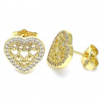 Gold Filled Stud Earrings Heart Design with White Micro Pave Polished Golden Finish