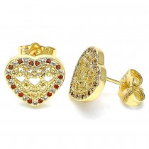 Gold Filled Stud Earrings Heart Design with Garnet and White Micro Pave Polished Golden Finish