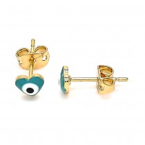 Gold Filled Stud Earrings Greek Eye and Heart Design Green Enamel Finish Golden Tone