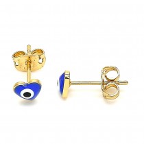Gold Filled Greek Eye and Heart Design Stud Earring Blue Enamel Finish Golden Tone
