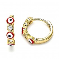 Gold Filled Huggie Hoop Earrings Greek Eye Design With White Cubic Zirconia Red Enamel Finish Golden Tone