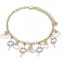 Gold Filled Charm Anklet Heart & Ballerina Charm Design Polished Finish Tri Tone