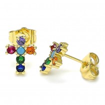 Gold Filled Stud Earring Cross Design With Multicolor Cubic Zirconia Polished Finish Golden Tone