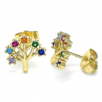 Gold Filled Stud Earring Tree Design With Multicolor Cubic Zirconia Polished Finish Golden Tone