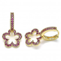 Gold Filled Huggie Hoop Flower Design With Ruby Micro Pave Polished Finish Golden Tone