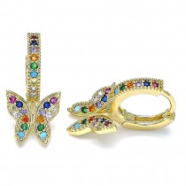 Gold Filled Huggie Hoop Butterfly Design With Multicolor Micro Pave Polished Finish Golden Tone