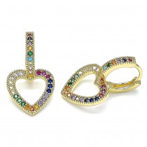 Gold Filled Huggie Hoop Heart Design With Multicolor Micro Pave Polished Finish Golden Tone