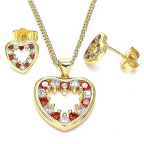 Gold Filled Earring and Pendant Set Heart Design With Garnet and White Cubic Zirconia Polished Finish Golden Tone