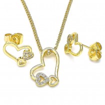 Gold Filled Earring and Pendant Set Heart Design With White Micro Pave Polished Finish Golden Tone
