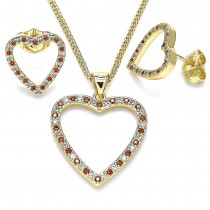 Gold Filled Earring and Pendant Set Heart Design With Garnet and White Micro Pave Polished Finish Golden Tone