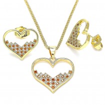 Gold Filled Earring and Pendant Set Heart Design With Garnet and White Micro Pave Polished Finish Golden Tone