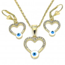 Gold Filled Earring and Pendant Set Heart and Greek Eye Design With White Crystal White Enamel Finish Golden Tone