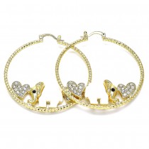 Gold Filled Large Hoop Elephant and Heart Design With White and Black Crystal White Resin Finish Golden Tone