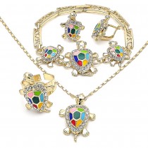 Gold Filled Necklace Bracelet Earring and Ring Turtle Design With White Crystal Multicolor Enamel Finish Golden Tone
