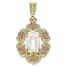 Gold Finish Religious Pendant Guadalupe and Flower Design Polished Tri Tone