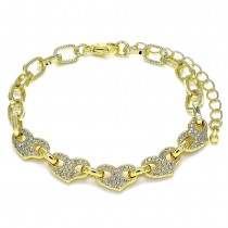 Gold Filled Fancy Bracelet Heart and Paperclip Design with White Micro Pave Polished Finish Golden Tone