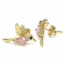 Gold Filled Stud Earrings Bird Design With Pink Micro Pave Polished Finish Golden Tone