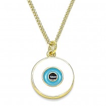 Gold Filled Pendant Necklace Greek Eye Design White Enamel Finish Golden Tone
