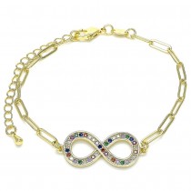 Gold Filled Fancy Bracelet Infinite and Paperclip Design With Multicolor Micro Pave Polished Finish Golden Tone