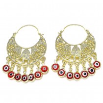 Gold Filled Long Earring Elephant and Greek Eye Design Red Resin Finish Golden Tone