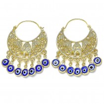 Gold Filled Long Earring Elephant and Greek Eye Design Blue Resin Finish Golden Tone