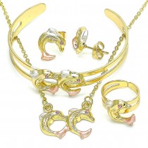 Gold Filled Necklace Bracelet Earring and Ring Dolphin Design With Pink Crystal Polished Finish Tri Tone